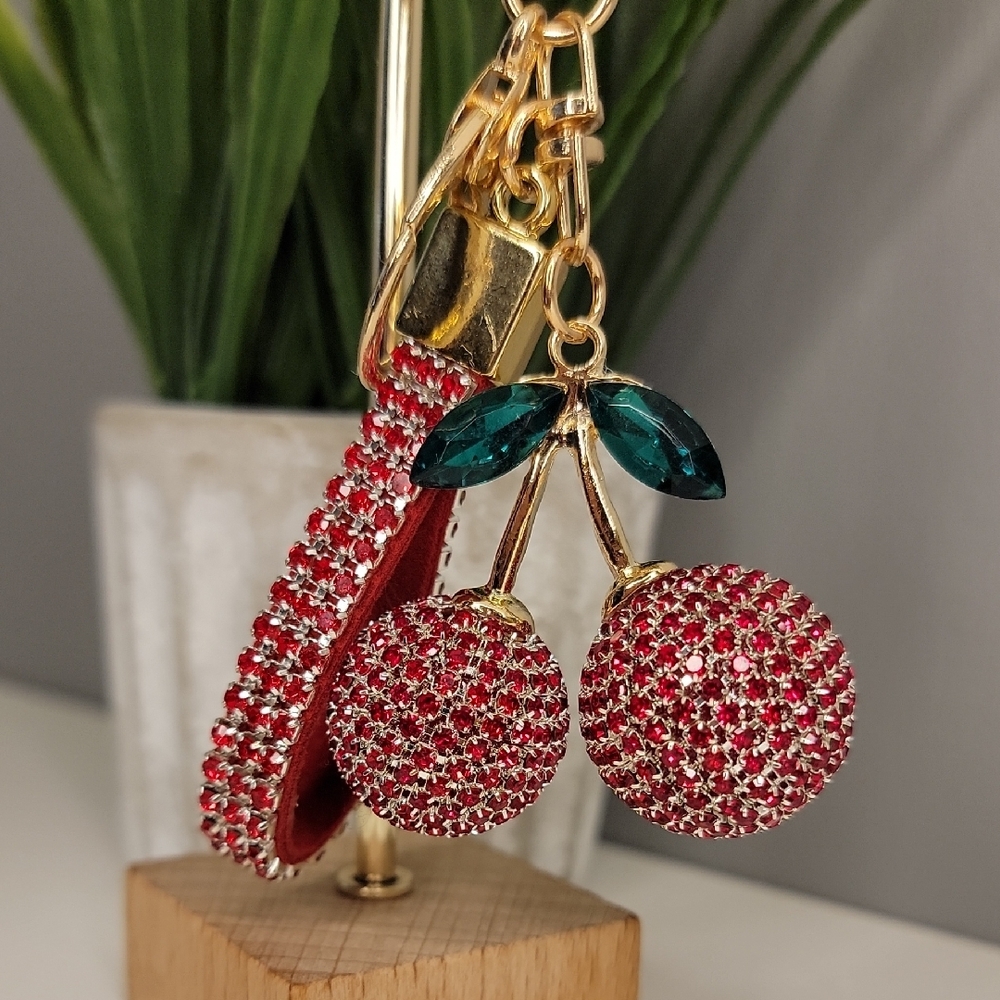 Cherry Red Rhinestone Keychain Bag Charm - Picture 2 of 8